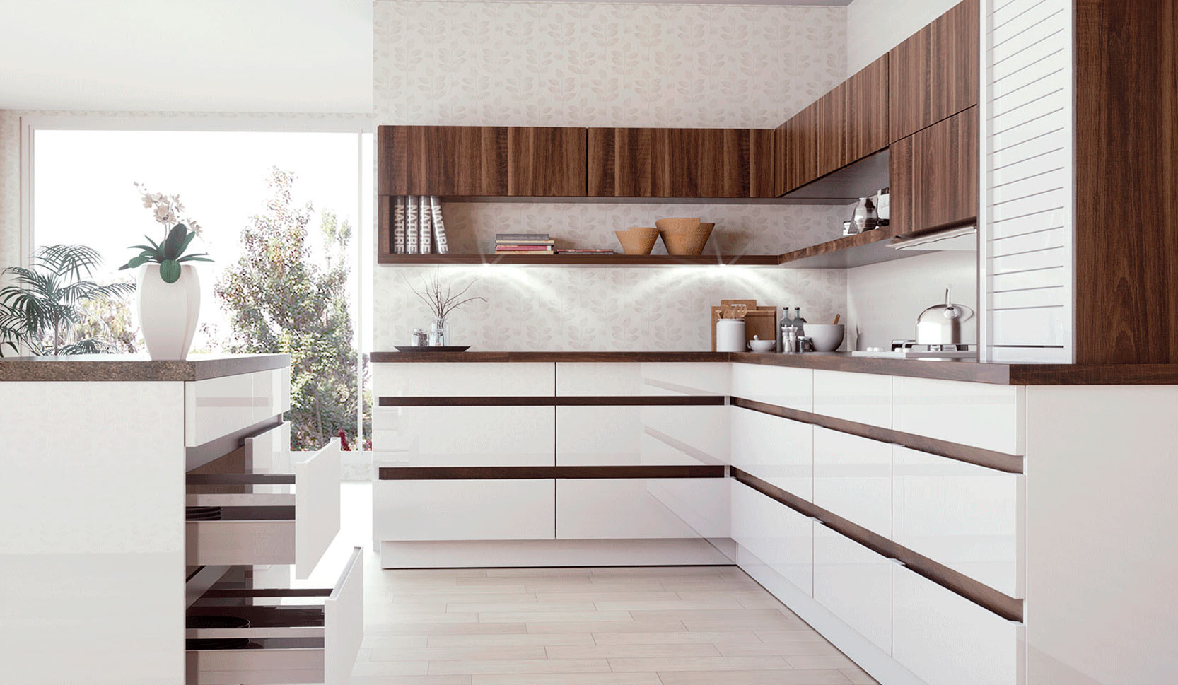 Cocina moderna blanca y madera polilaminado